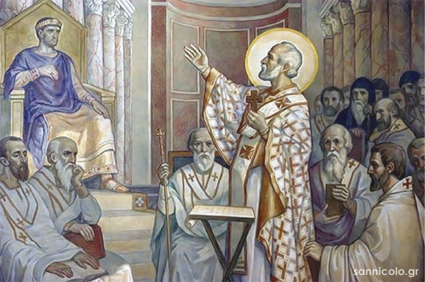 Ο Αγ. Νικόλαος αγορεύει στην Α΄ Οικουμενική Σύνοδο της Νικαίας ενώπιον Μεγ. Κωνσταντίνου και Πατέρων